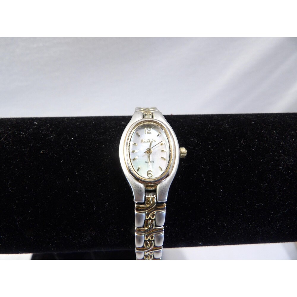 Vintage Elgin two tone gold silver ladies analog watch, working, 7" with band
